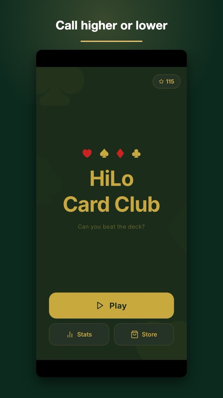 HiLo Card Club — higher or lower card game